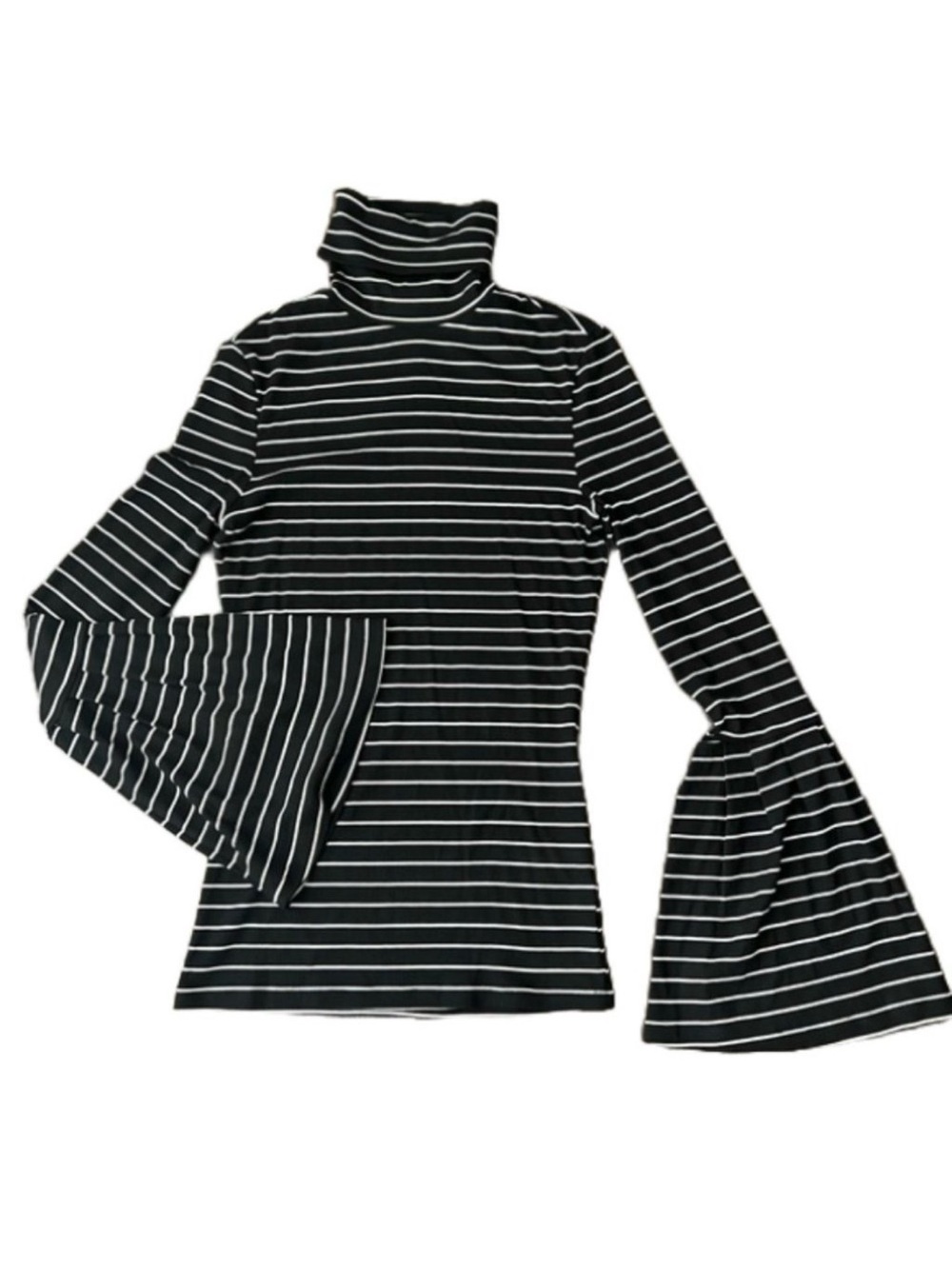 Paige Kenzie Black and White Stripe Modal Turtleneck Bell Sleeve Ribbed Shirt